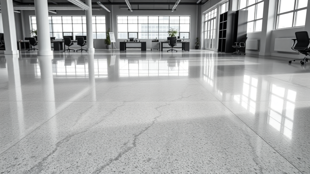 Polished commercial workspace featuring seamless epoxy floor coatings.