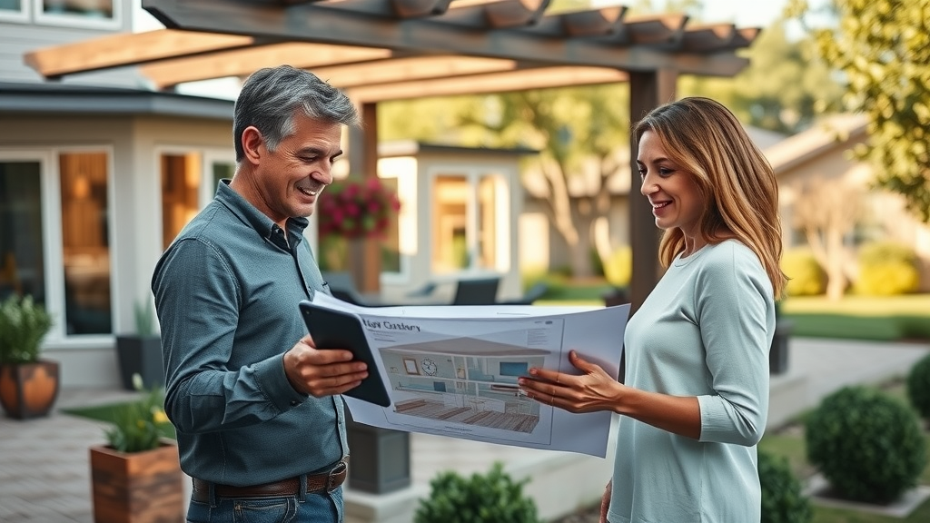 Austin couple reviewing 3D custom deck design with builder outdoors