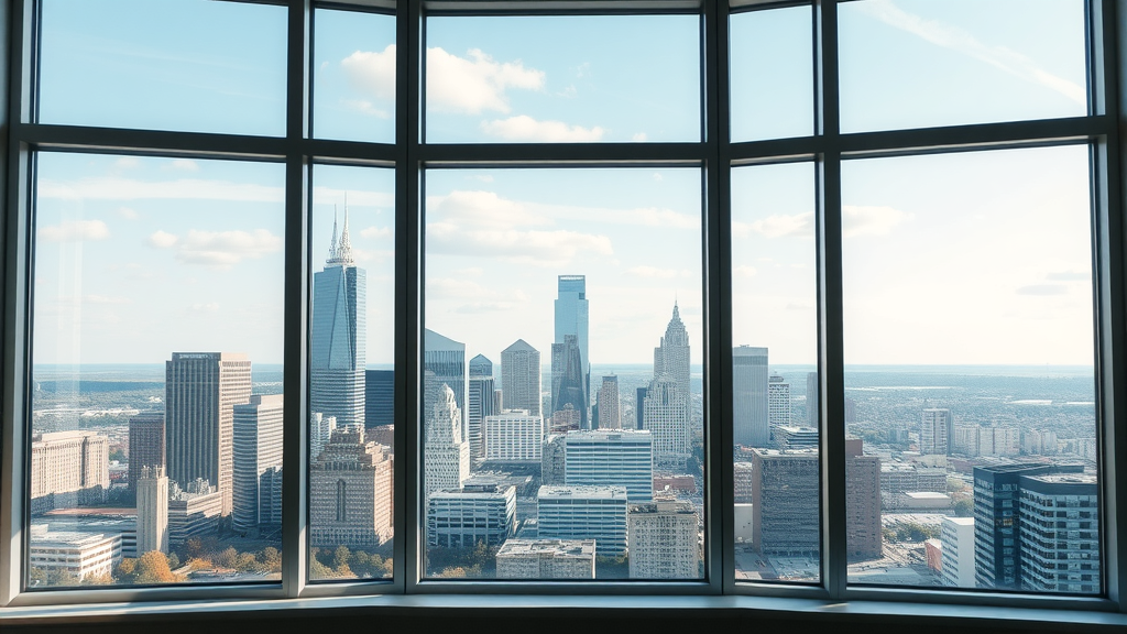 Charlotte, NC skyline seen through best window installation in modern home