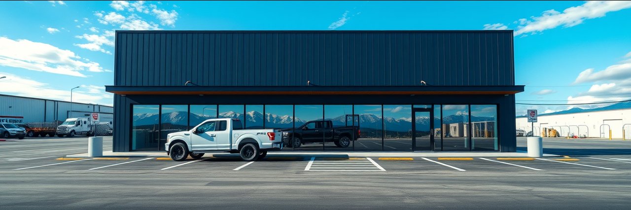 Modern storefront for door replacement solutions in Medford, OR, with parking lot and truck.