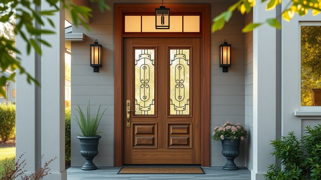 Modern wood front door installation at Medford home with Mountain View Window &amp; Door reviews