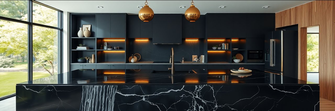 Modern kitchen remodel with black marble island and elegant C&amp;M Home Revival details