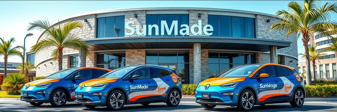 SunMade Roofing solar Fresno electric vehicles at SunMade Energy office exterior