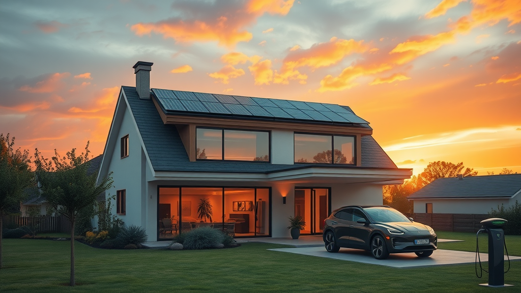 Sunmade Roofing solar Fresno electric home with battery storage at sunset