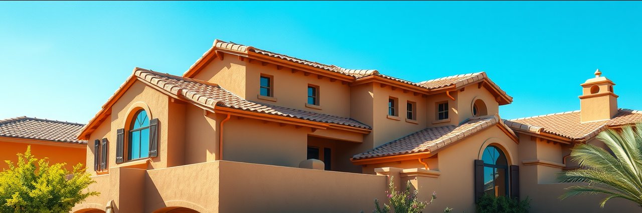Modern home in Phoenix with terracotta tiles and stucco walls for foam roofing services.