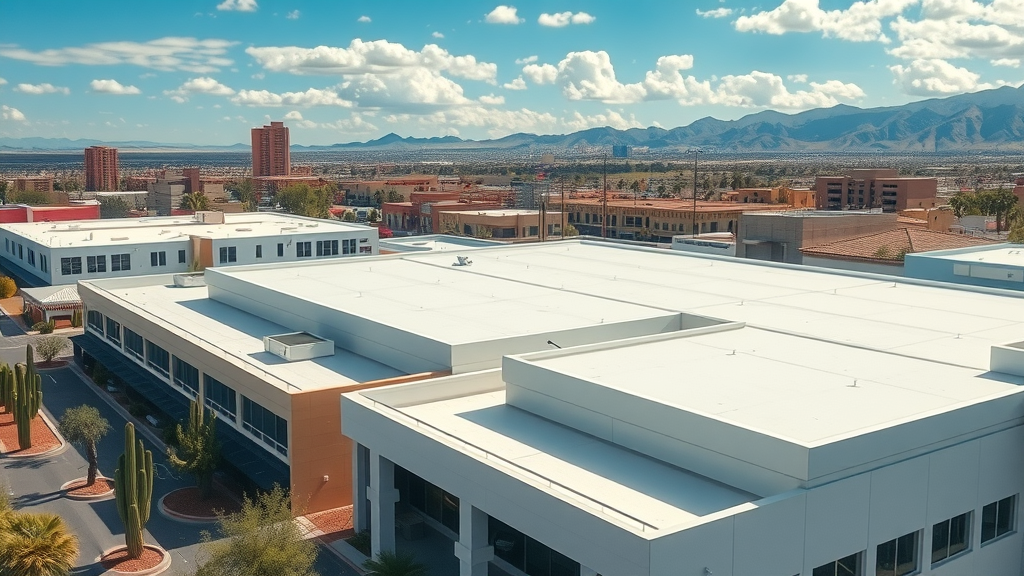 Seamless foam roofing on Phoenix buildings after rain—leak-free protection.