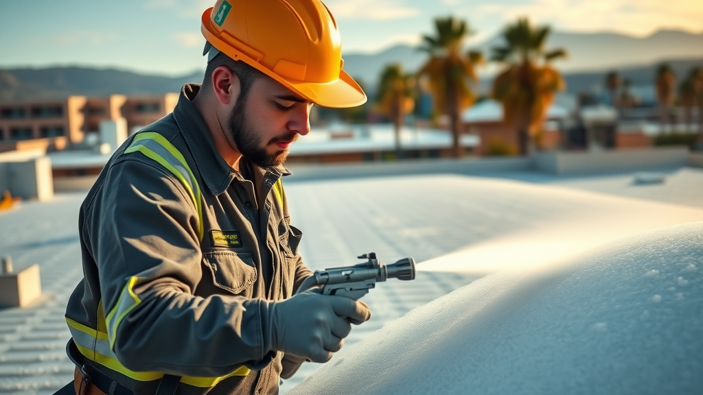 Roofer applies protective foam roofing in Phoenix for leak prevention.