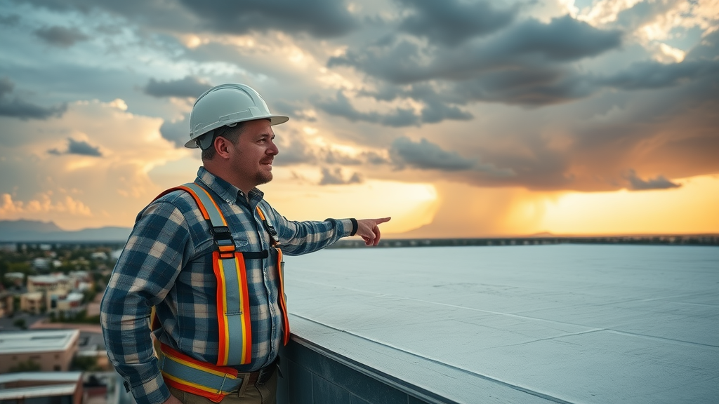 Expert inspects durable foam roofing on Phoenix business against monsoon threats.