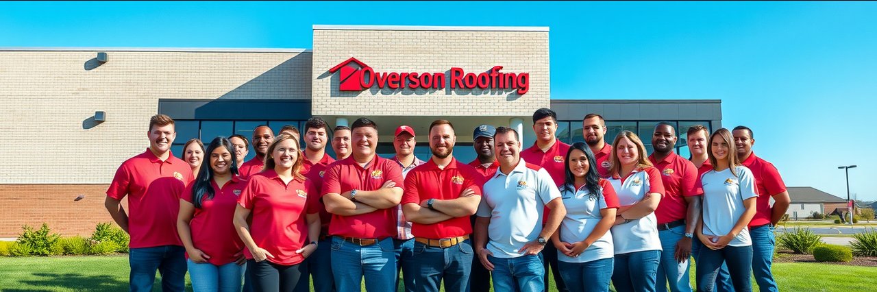 Overson Roofing team group photo outdoors in branded red and white shirts.