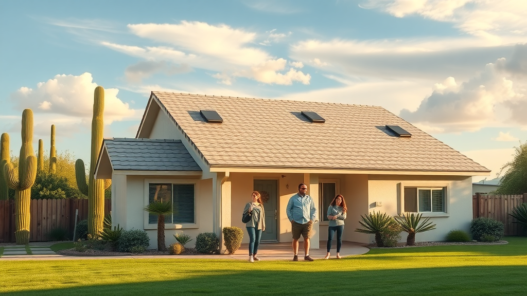 Happy family outside Arizona home with new roof by Overson Roofing