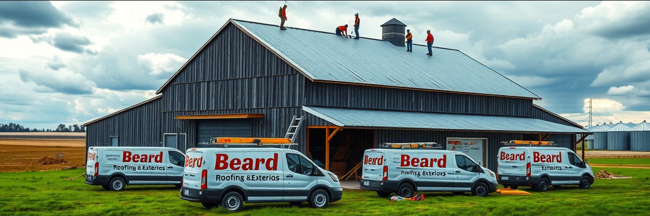 Beard Roofing &amp; Exteriors team working on rural barn roof with company vehicles.