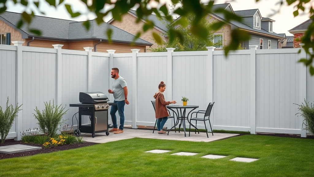 Beautiful custom vinyl fence in Batavia, IL backyard with family enjoying outdoor space.