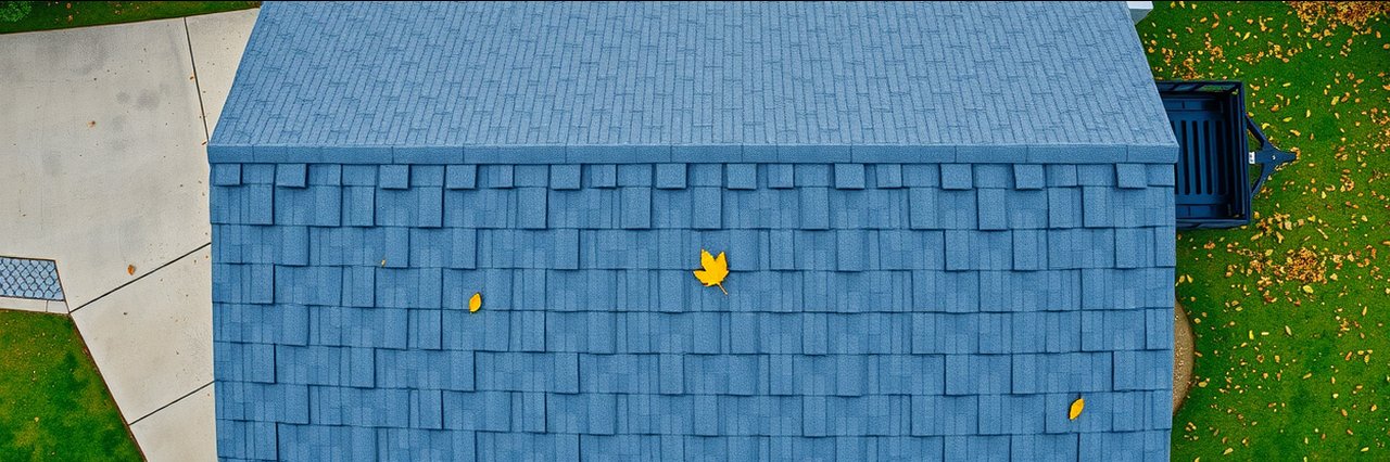 Aerial roof view for roof drone estimates in Chesapeake, VA with driveway and trailer.