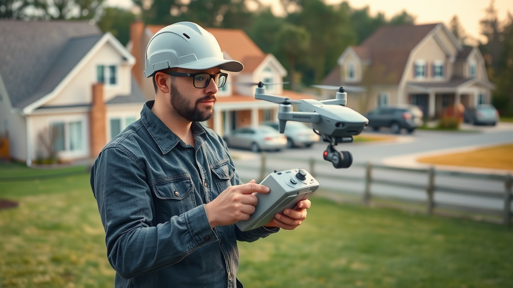 Roof technician using drone for estimates in Chesapeake VA yard