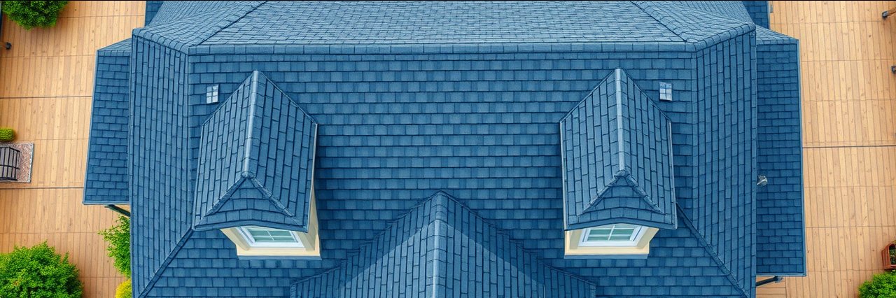 Aerial view of Wake Forest home after roofing installation &amp; repair, clean shingles and metal roof.