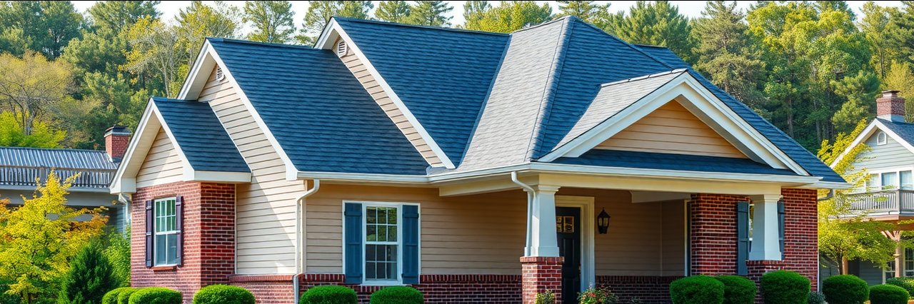 Front view of a house with new shingle roof by Skywalker Roofing Company