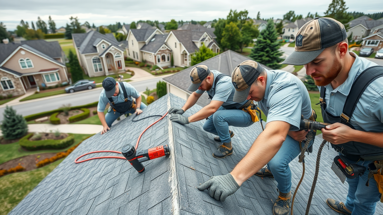 Skywalker Roofing Company professionals installing shingles on a home roof, Stokesdale