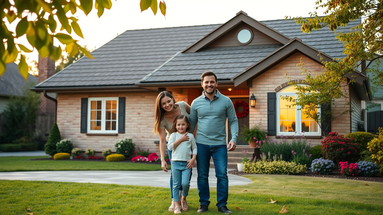 Happy family outside home after Skywalker Roofing Company