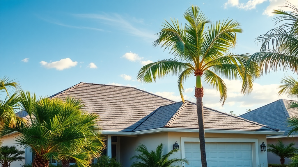 Newly replaced roof on Florida home near Sanford, FL surrounded by palm trees