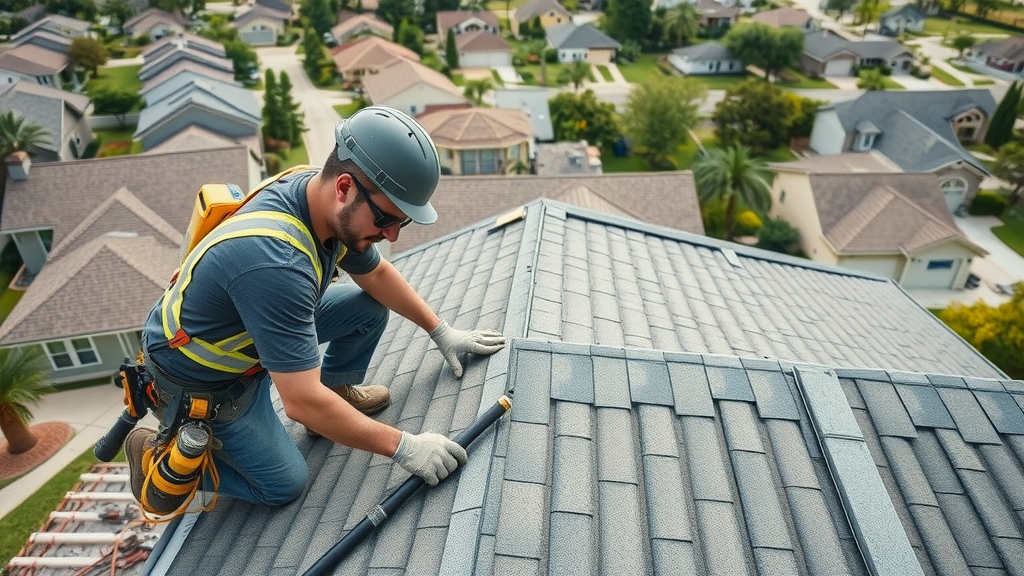 Roofing contractor replacing shingles near Sanford, FL for new sturdy roof