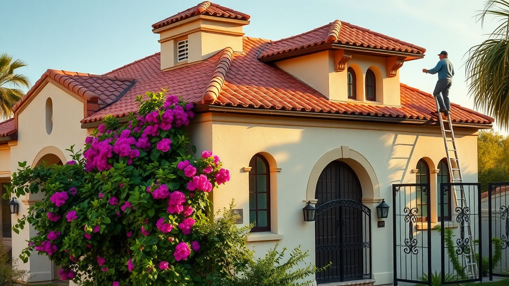 Restored Mediterranean clay tile roof services in Los Angeles villa