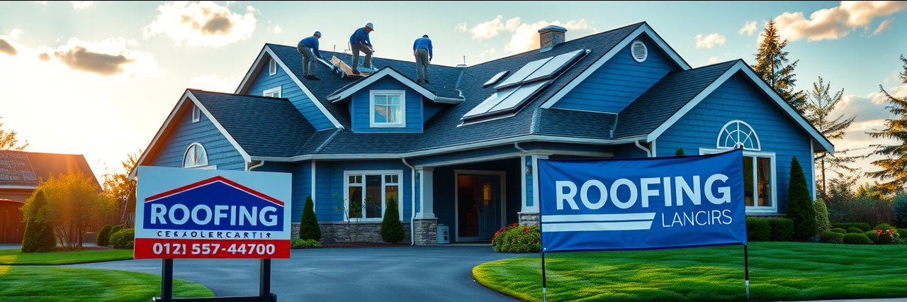 Roofers working on suburban home roof, roofing company signage, Fort Wayne, IN