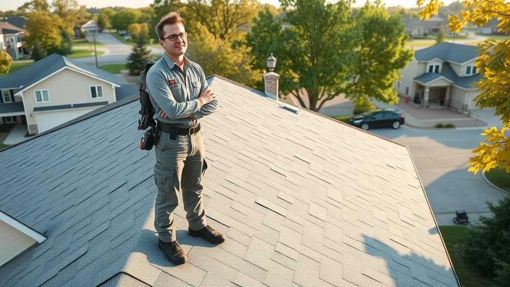 Roofing company in Fort Wayne, IN professional inspecting new roof on modern home