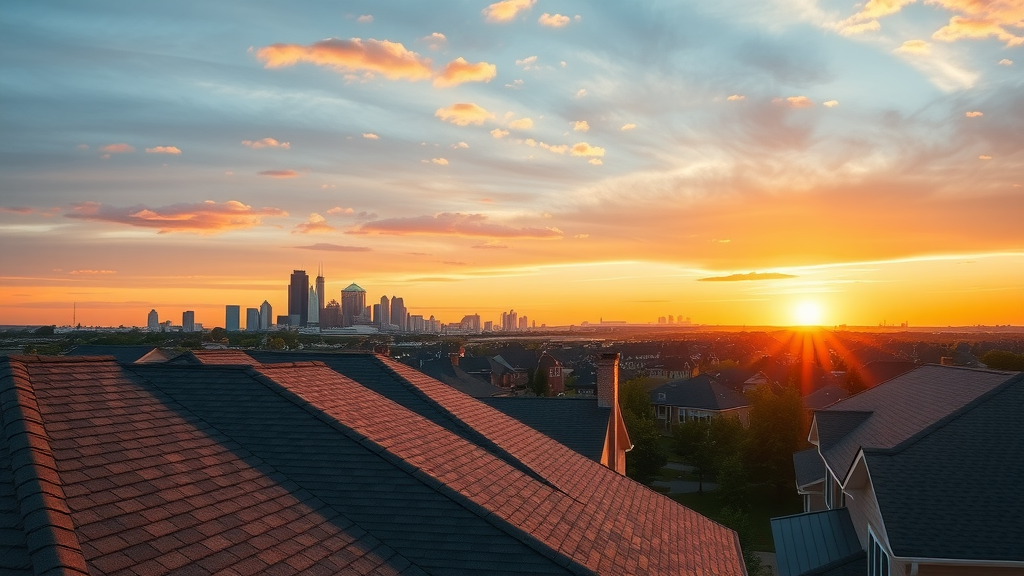 Fort Wayne, IN homes with new roofs by local roofing company at sunset