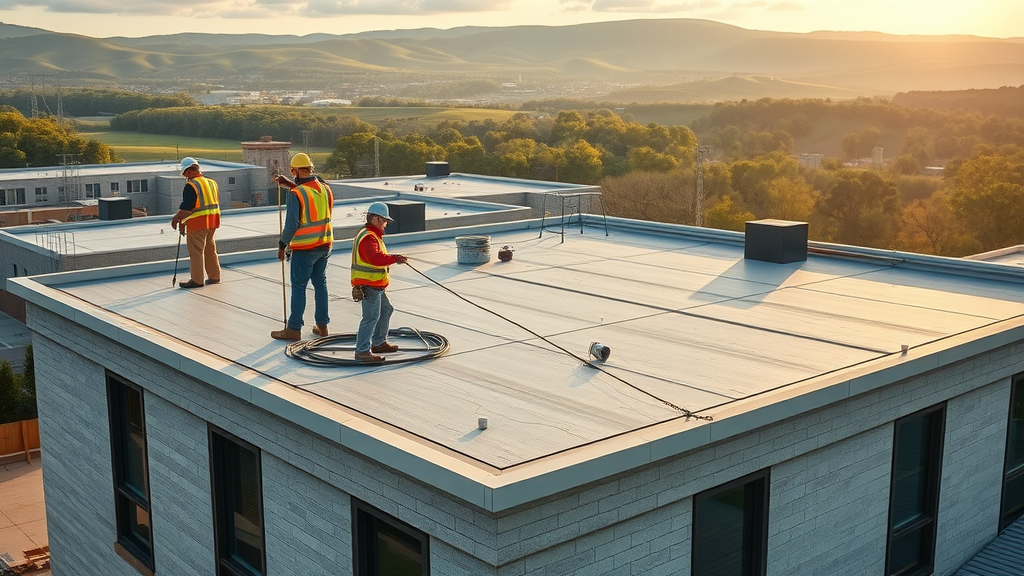 Commercial roofing and construction team working near Nicholasville, KY at sunset