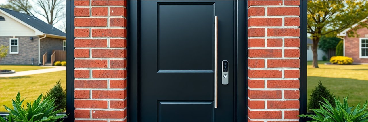 Modern black front door in red brick home, water treatment systems near Goodlettsville TN