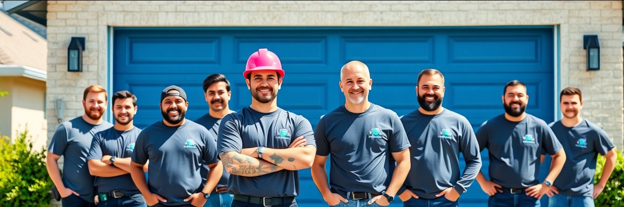 Roof replacement team in Orlando, Florida standing smiling in front of a house garage.
