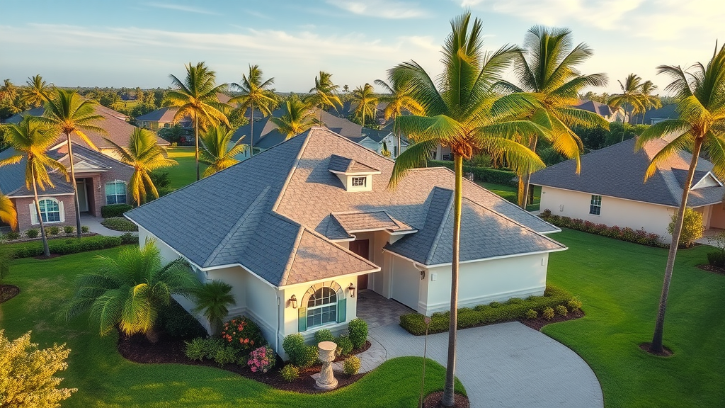 Aerial of Orlando home with new roof replacement, tropical landscaping, morning light