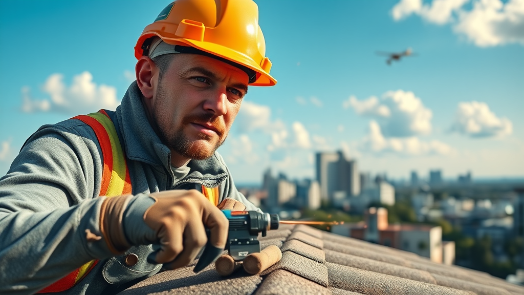 Roofer installing new tile roof in Orlando under bright blue sky, safety gear on