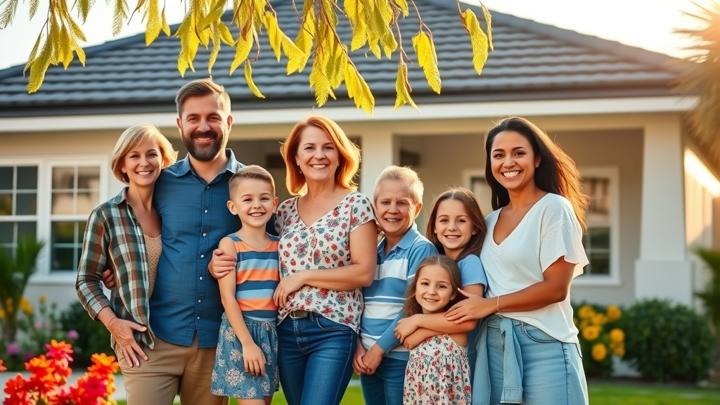 Happy Orlando family celebrates new roof replacement in bright sunshine