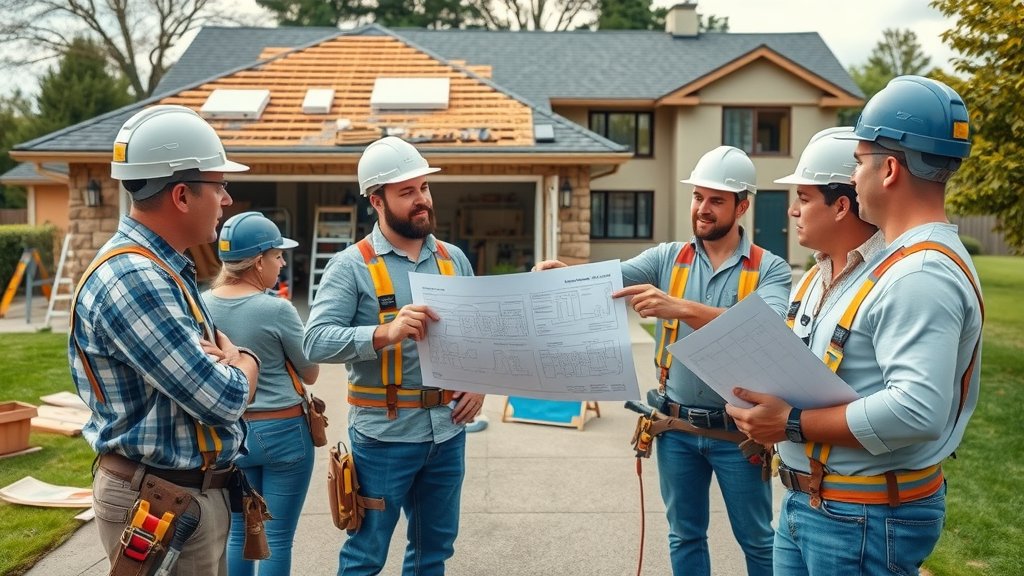 Roofing team discussing plans for Orlando roof replacement, clear daylight, teamwork