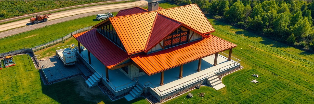 New metal roof installation by roofing contractor in Aubrey, TX on rural modern home.