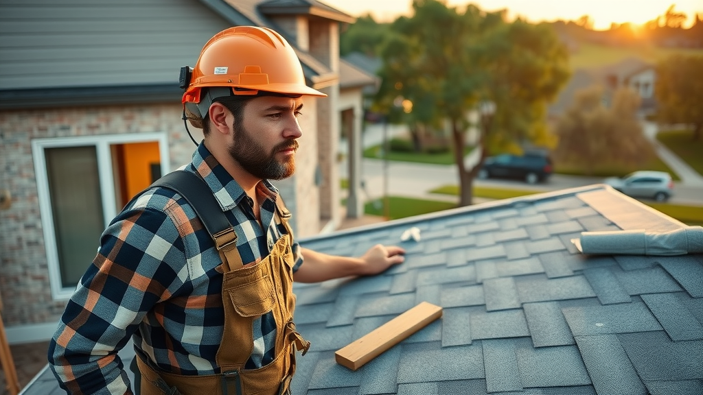 Roofing contractor in Aubrey, TX inspecting new roof installation at modern home.