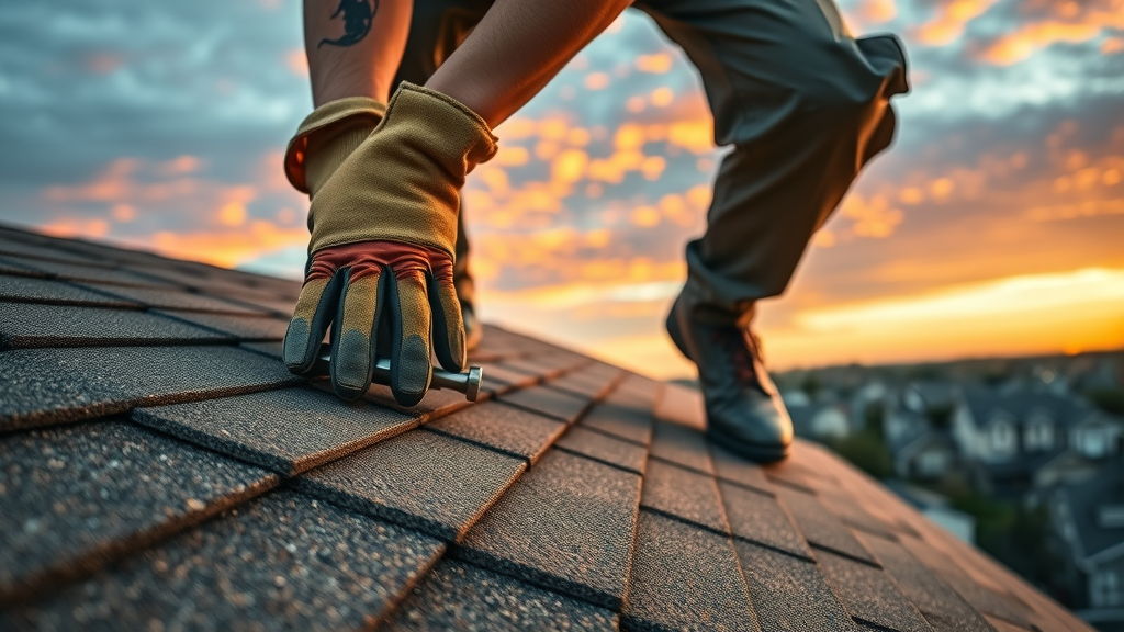 Professional roofer in Aubrey, TX installing textured shingles at sunset.