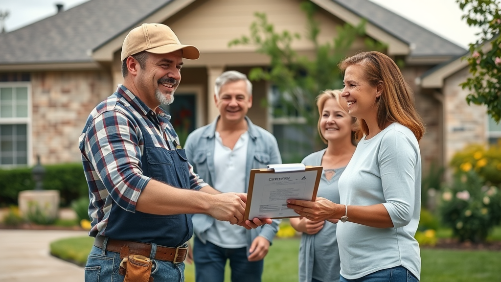 Roofing contractor in Aubrey, TX meeting satisfied homeowners in front of house.