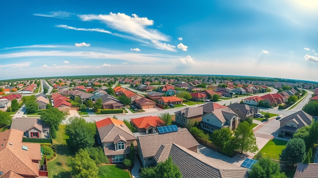 Sustainable roofing contractor projects in Aubrey, TX neighborhood aerial view.