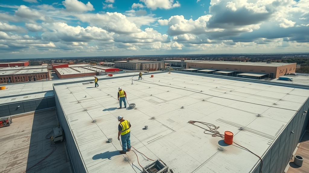 Commercial roofing services in Little Rock AR, crew inspecting industrial roof