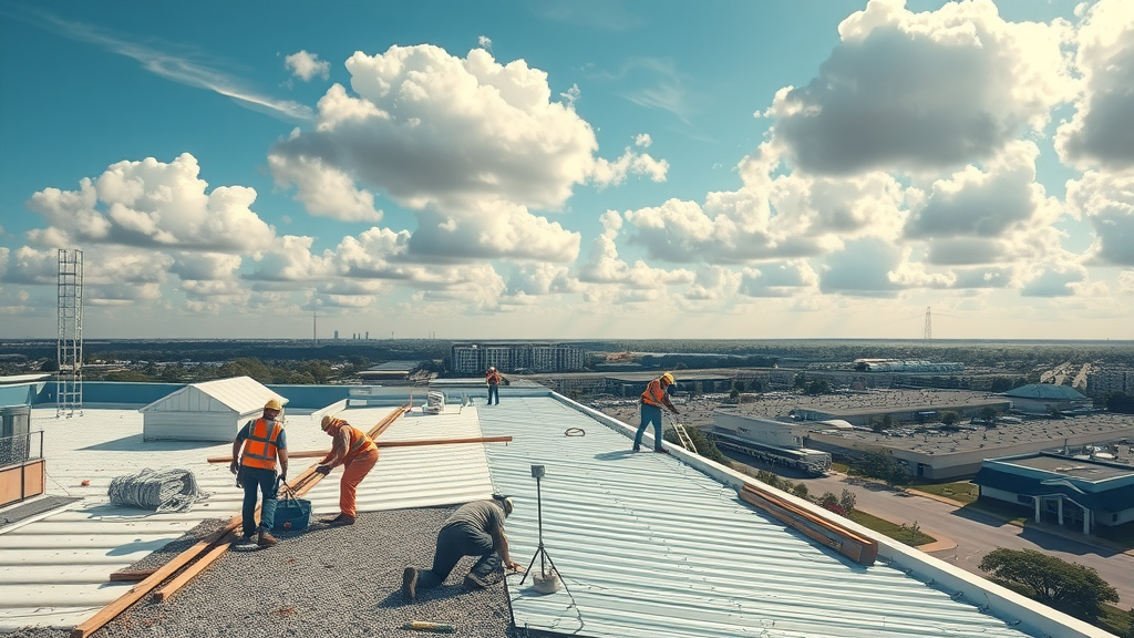 Professional roofers repair commercial roof in Round Rock, TX after a storm.
