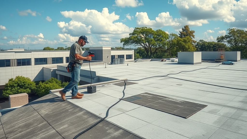 Technician assesses commercial roofing repair needs in Round Rock, TX.