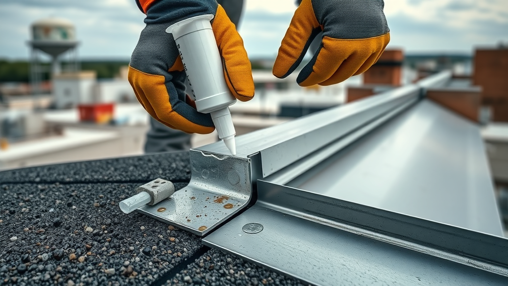 Applying waterproof sealant during commercial roofing repair Round Rock, TX.