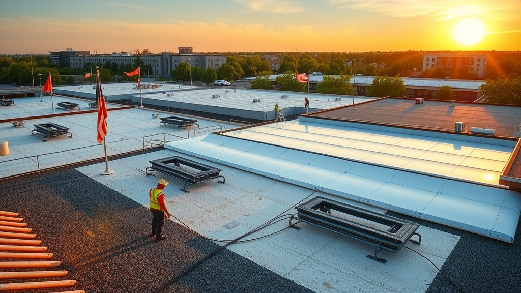 Preventative commercial roof repair workers on Round Rock, TX buildings at sunrise.