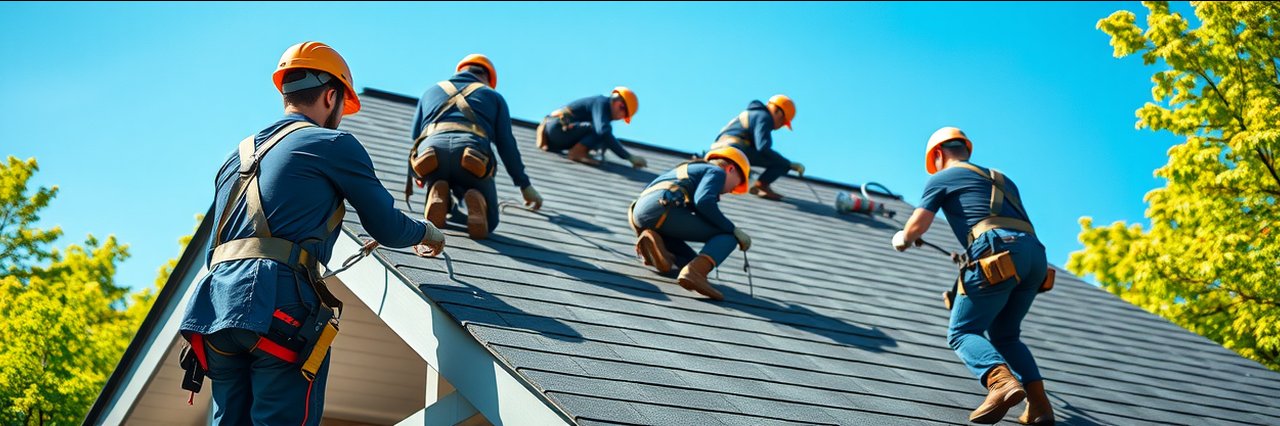 Professional roofing contractors in Centennial, CO installing shingles on suburban roof.
