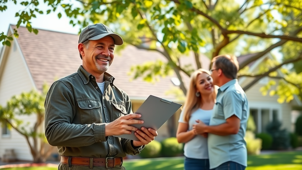 Local roofing contractor consulting Centennial, CO homeowners in front of new roof