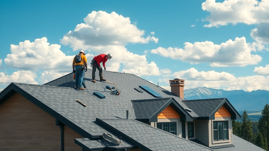 Professional roofing contractors in Centennial, CO installing shingles on family home