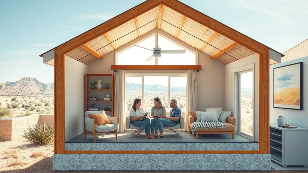 Cutaway of Las Vegas home with quality attic insulation, family enjoying comfort indoors.