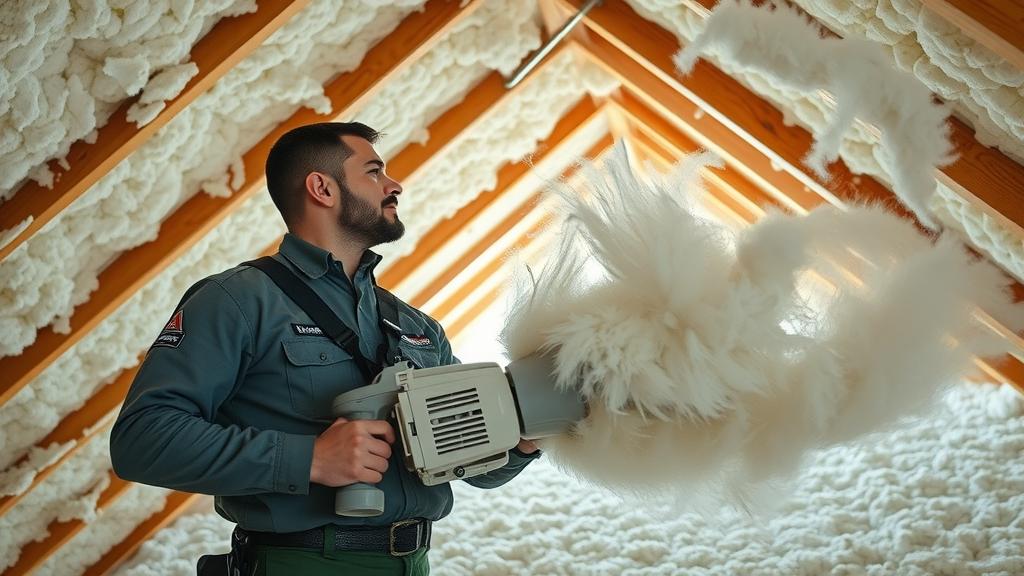 Technician upgrading attic insulation in Las Vegas home using blower for even coverage.